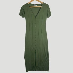 Mod Ref Olive Green Knit Maxi Dress Short Sleeve Button Front V-Neck Small